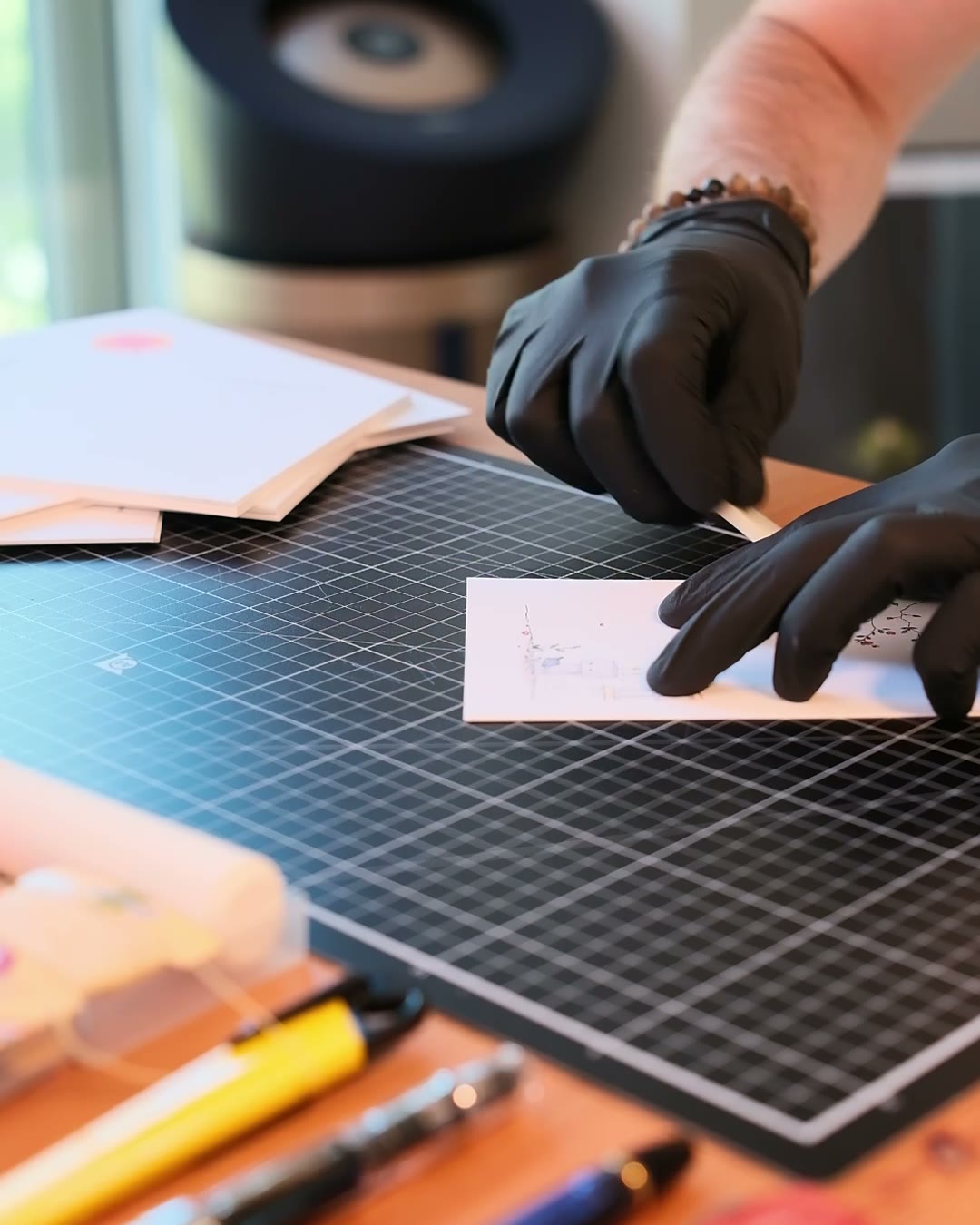 Jordan creasing a notebook cover by hand at the Studio Monjo workbench